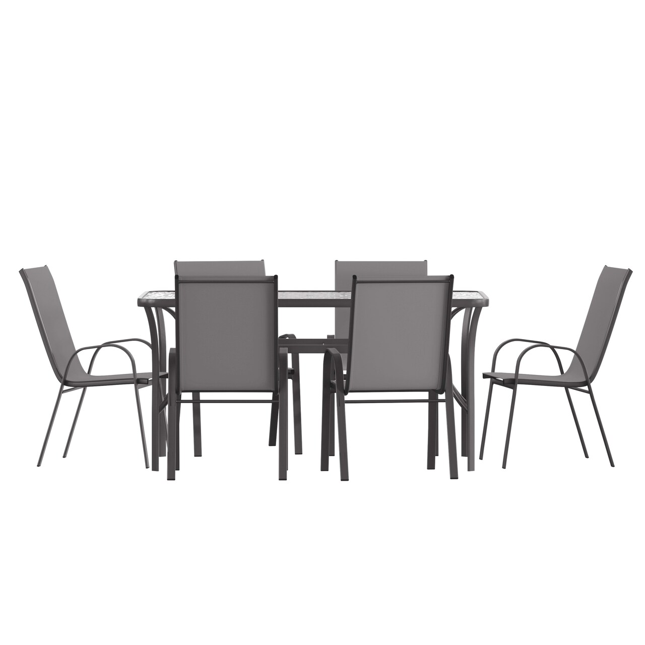 Merrick Lane Bardwell 7 Piece Outdoor Dining Table Set for 6 with Glass-Top Patio Table and 6 Stack Chairs with Flex Comfort Material